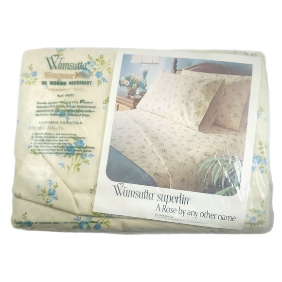 Wamsutta Bedding Vintage Full Sheet New Wamsutta Superlin Muslin White Blue Floral Usa